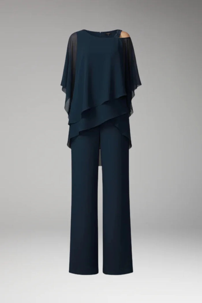 Blue Women's Cold Shoulder Straight-Leg Jumpsuits — Maeve Draped Overlay Evening - Studio Flat