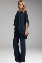 Blue Women's Cold Shoulder Straight-Leg Jumpsuits — Maeve Draped Overlay Evening - Three Quarter Pose
