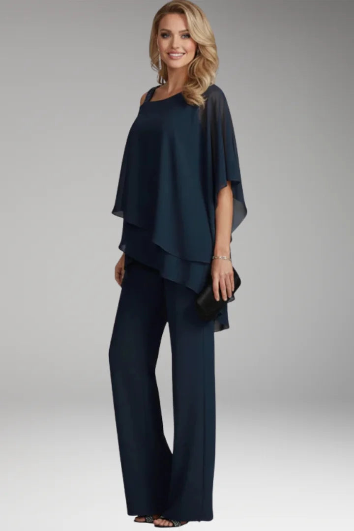 Blue Women's Cold Shoulder Straight-Leg Jumpsuits — Maeve Draped Overlay Evening - Three Quarter Pose