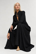 Black Women's Collared A-Line Maxi Dress with Pintuck Bodice & Relaxed Fit — Mira - Seated Crouch