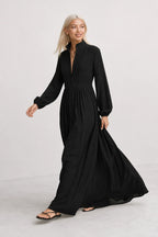 Black Women's Collared A-Line Maxi Dress with Pintuck Bodice & Relaxed Fit — Mira - Walking Full