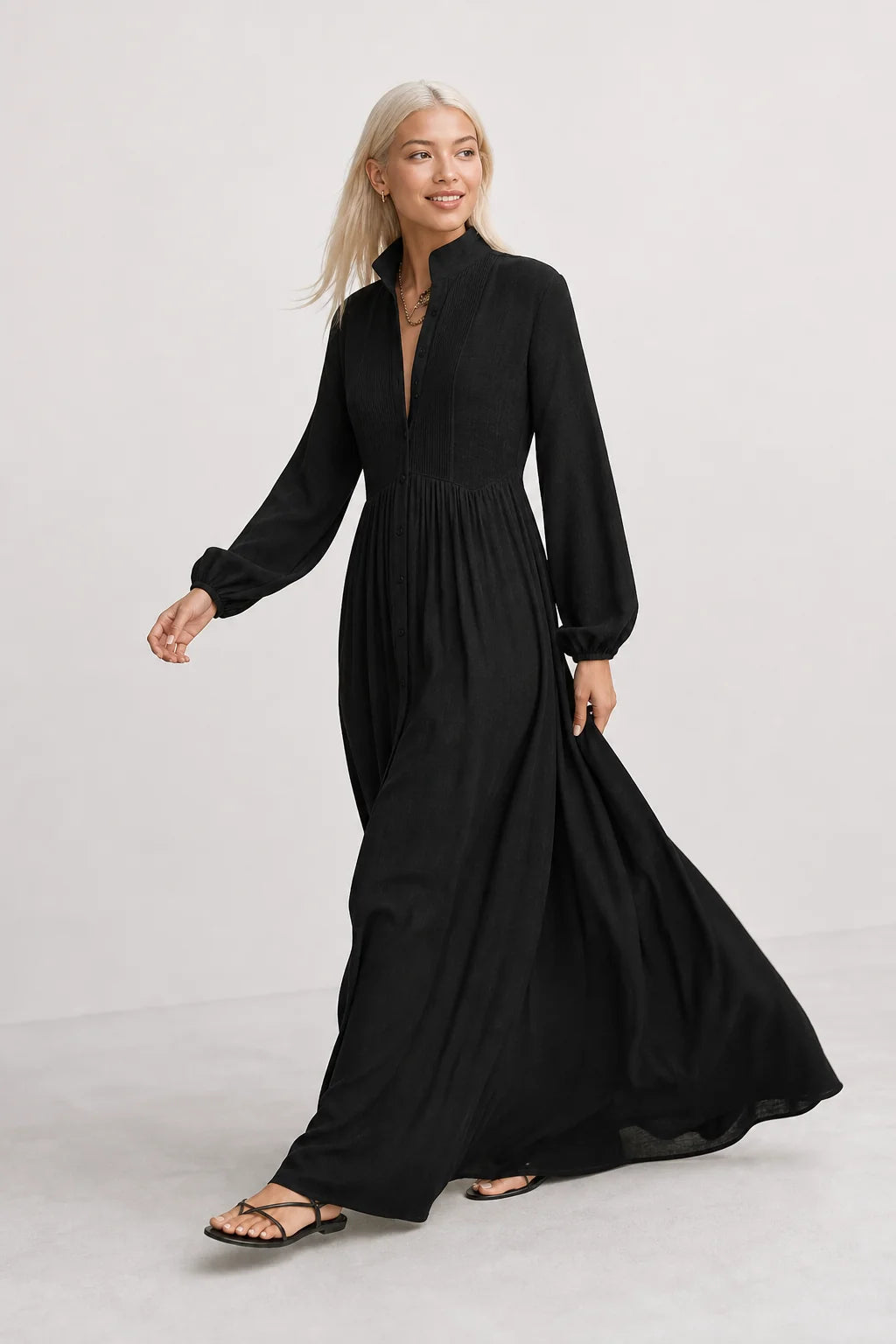 Black Women's Collared A-Line Maxi Dress with Pintuck Bodice & Relaxed Fit — Mira - Walking Full