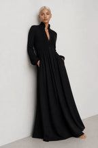 Black Women's Collared A-Line Maxi Dress with Pintuck Bodice & Relaxed Fit — Mira