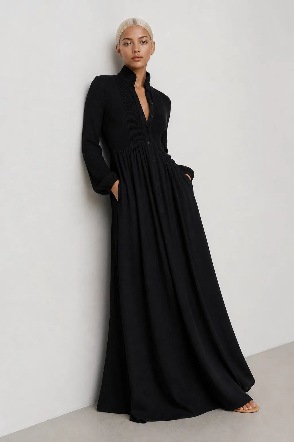 Black Women's Collared A-Line Maxi Dress with Pintuck Bodice & Relaxed Fit — Mira