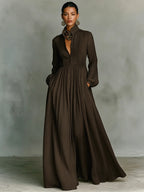 Brown Women's Collared A-Line Maxi Dress with Pintuck Bodice & Relaxed Fit — Mira - Portrait Editorial