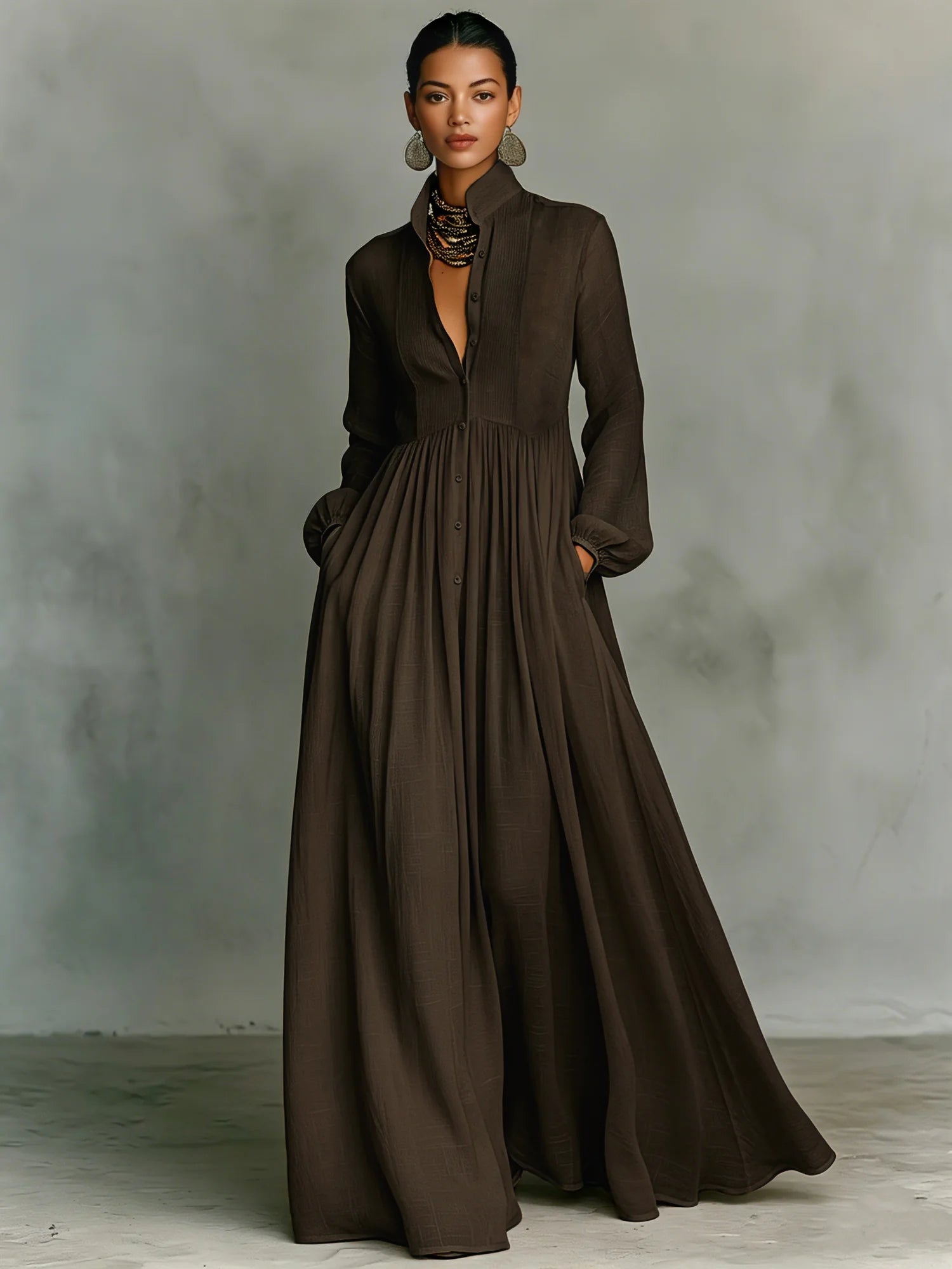 Brown Women's Collared A-Line Maxi Dress with Pintuck Bodice & Relaxed Fit — Mira - Portrait Editorial