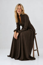 Brown Women's Collared A-Line Maxi Dress with Pintuck Bodice & Relaxed Fit — Mira - Seated Stool