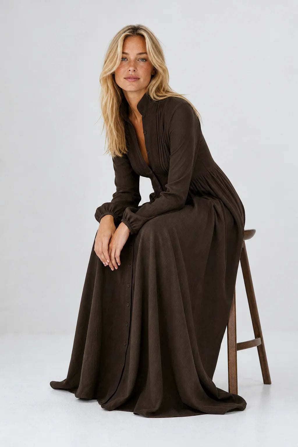 Brown Women's Collared A-Line Maxi Dress with Pintuck Bodice & Relaxed Fit — Mira - Seated Stool