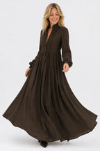 Brown Women's Collared A-Line Maxi Dress with Pintuck Bodice & Relaxed Fit — Mira - Skirt Twirl