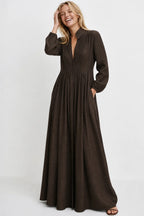Brown Women's Collared A-Line Maxi Dress with Pintuck Bodice & Relaxed Fit