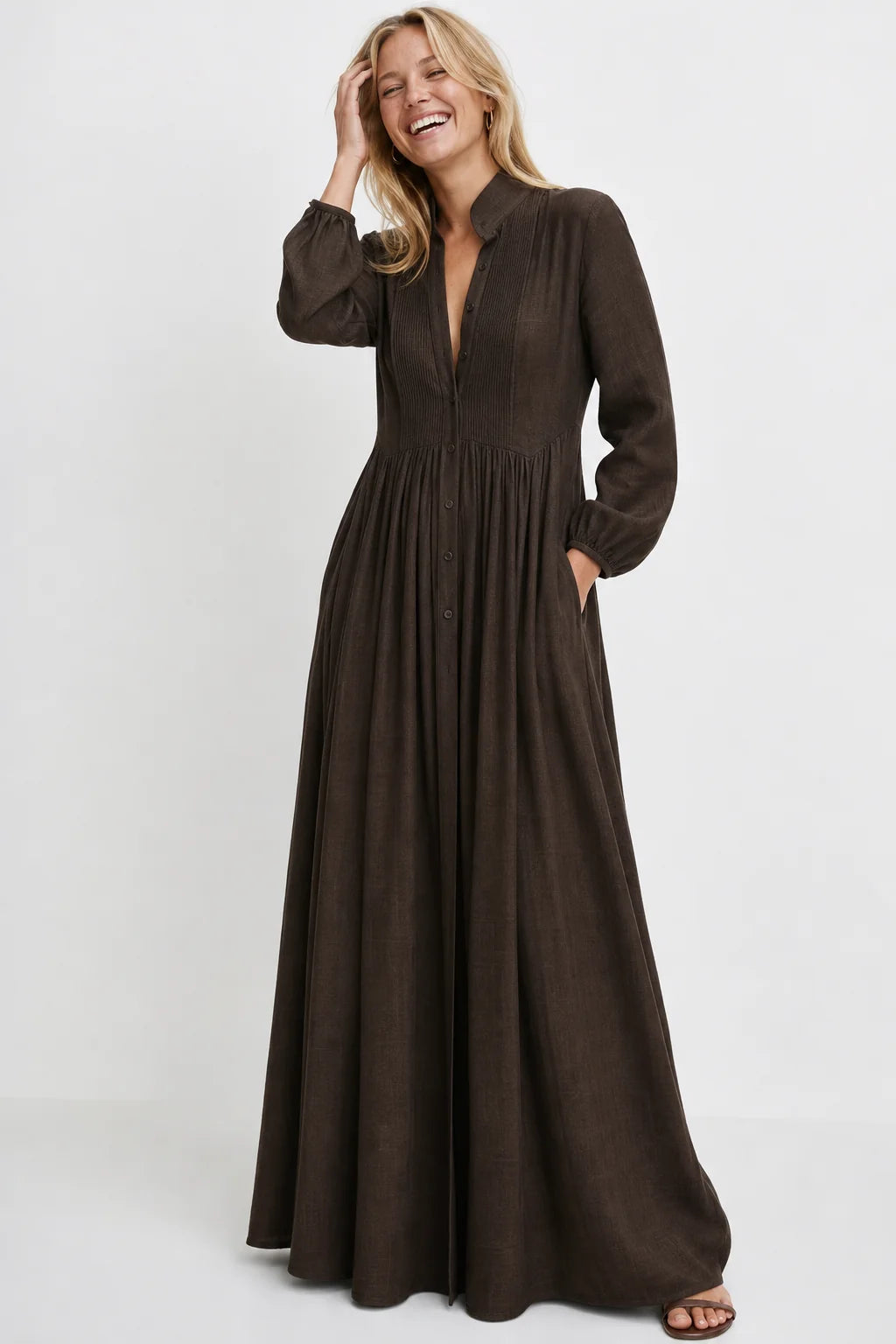 Brown Women's Collared A-Line Maxi Dress with Pintuck Bodice & Relaxed Fit