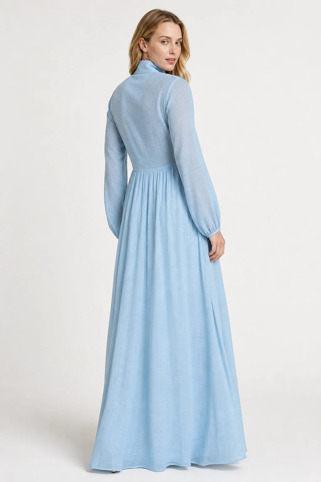 Light Blue Women's Collared A-Line Maxi Dress with Pintuck Bodice & Relaxed Fit — Mira - Back Full