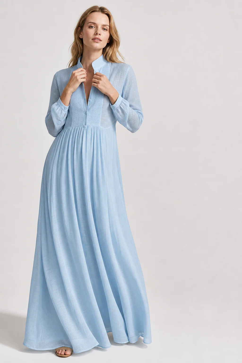 Light Blue Women's Collared A-Line Maxi Dress with Pintuck Bodice & Relaxed Fit — Mira - Collar Adjust
