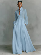 Light Blue Women's Collared A-Line Maxi Dress with Pintuck Bodice & Relaxed Fit — Mira - Editorial Front