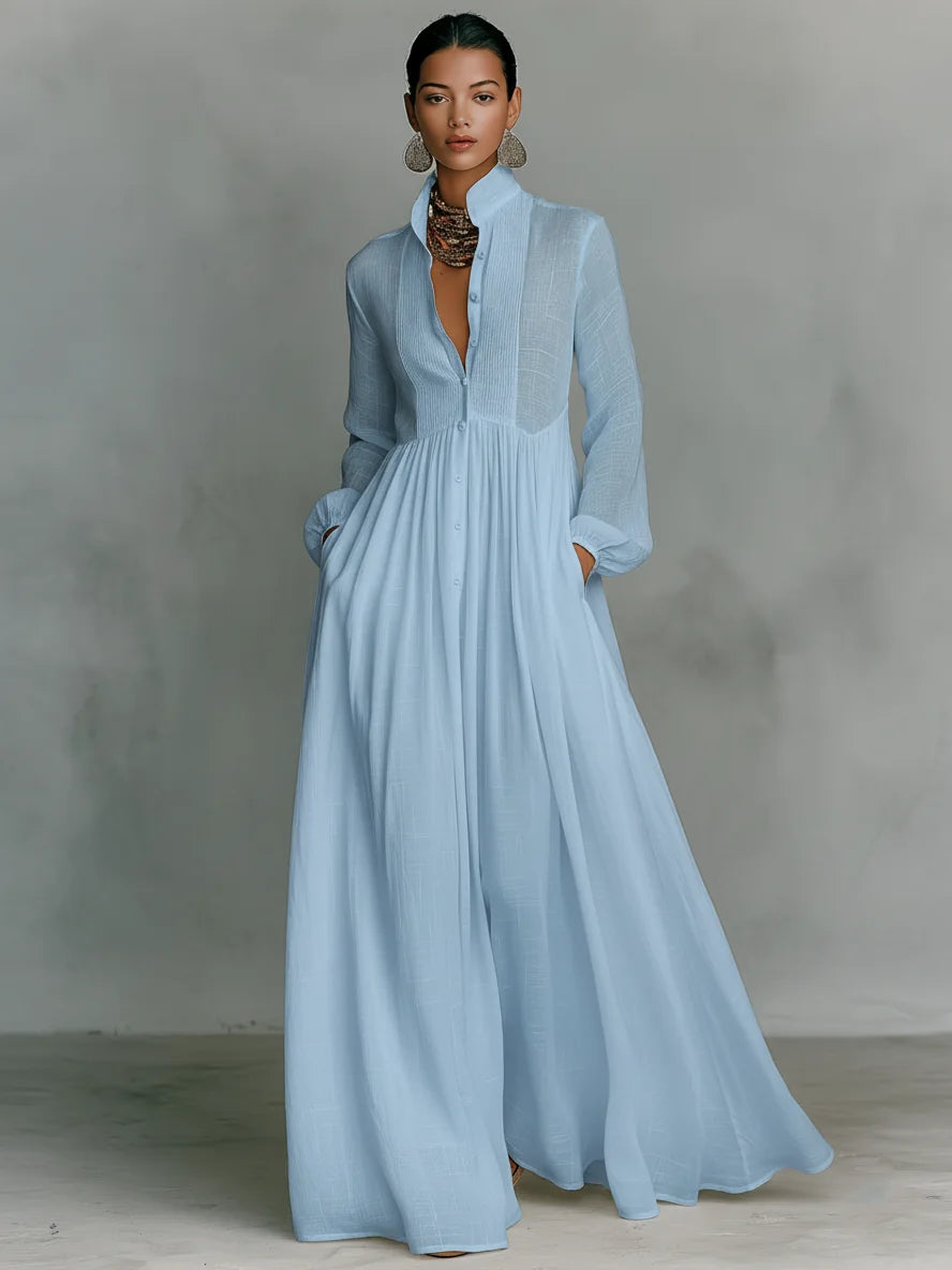 Light Blue Women's Collared A-Line Maxi Dress with Pintuck Bodice & Relaxed Fit — Mira - Editorial Front