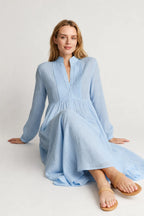 Light Blue Women's Collared A-Line Maxi Dress with Pintuck Bodice & Relaxed Fit — Mira