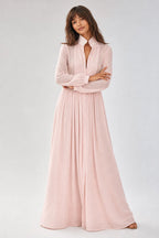 Pink Women's Collared A-Line Maxi Dress with Pintuck Bodice & Relaxed Fit — Mira - Arms Crossed