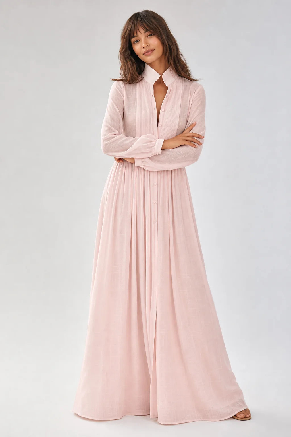 Pink Women's Collared A-Line Maxi Dress with Pintuck Bodice & Relaxed Fit — Mira - Arms Crossed