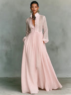 Pink Women's Collared A-Line Maxi Dress with Pintuck Bodice & Relaxed Fit — Mira - Portrait Crossed