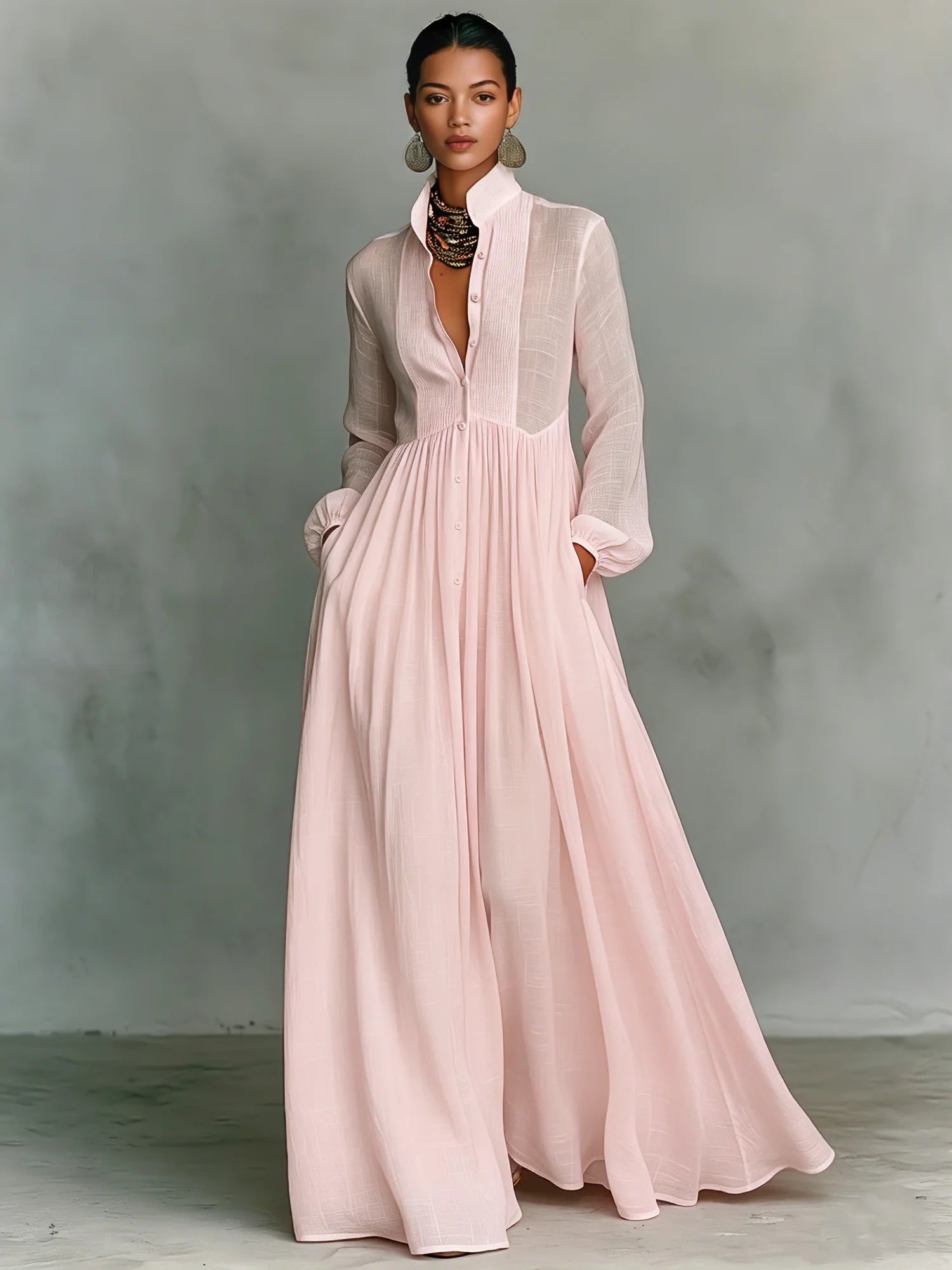 Pink Women's Collared A-Line Maxi Dress with Pintuck Bodice & Relaxed Fit — Mira - Portrait Crossed