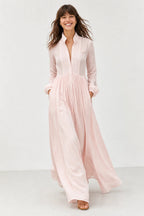 Pink Women's Collared A-Line Maxi Dress with Pintuck Bodice & Relaxed Fit — Mira - Walking Smile