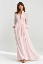 Pink Women's Collared A-Line Maxi Dress with Pintuck Bodice & Relaxed Fit — Mira