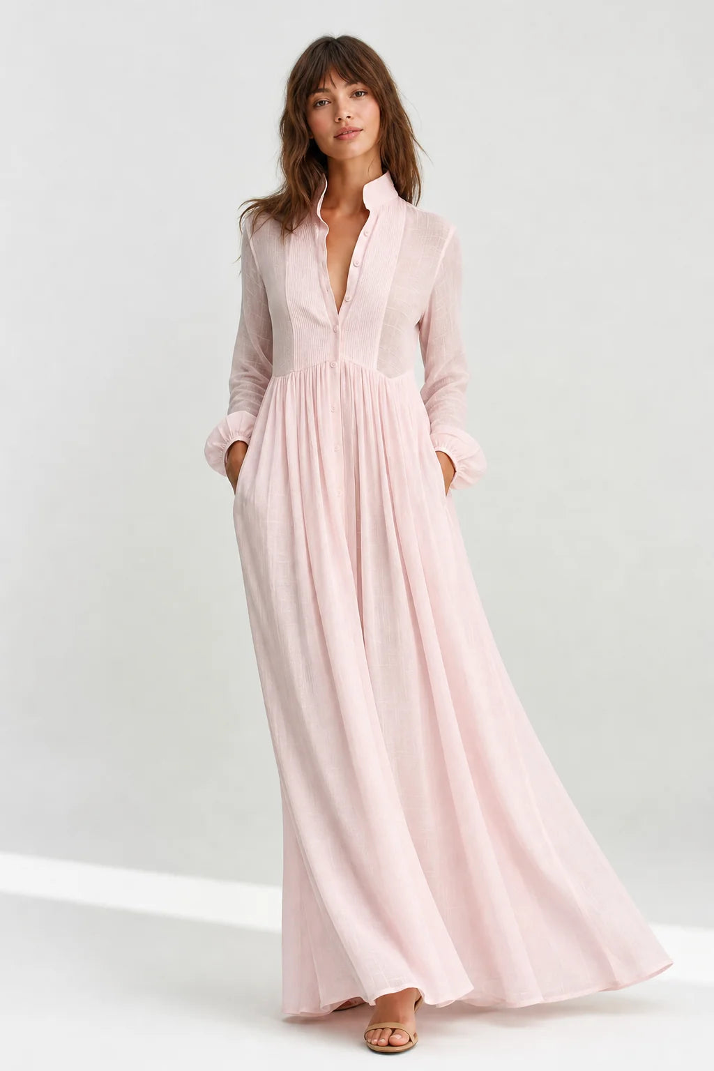Pink Women's Collared A-Line Maxi Dress with Pintuck Bodice & Relaxed Fit — Mira