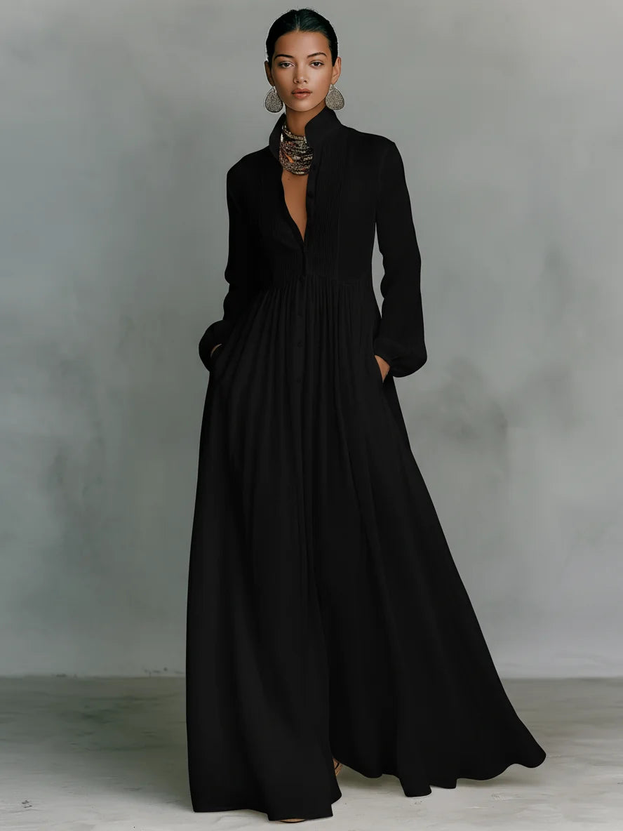 Women's Collared A-Line Maxi Dress with Pintuck Bodice & Relaxed Fit — Mira