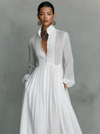 Women's Collared A-Line Maxi Dress with Pintuck Bodice & Relaxed Fit — Mira