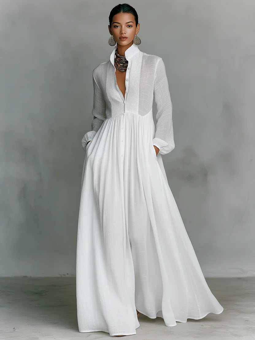 Women's Collared A-Line Maxi Dress with Pintuck Bodice & Relaxed Fit — Mira