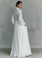 White Women's Collared A-Line Maxi Dress with Pintuck Bodice & Relaxed Fit — Mira - Back Editorial