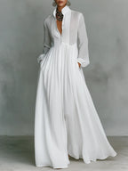 White Women's Collared A-Line Maxi Dress with Pintuck Bodice & Relaxed Fit — Mira - Studio Front