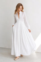 White Women's Collared A-Line Maxi Dress with Pintuck Bodice & Relaxed Fit — Mira - Twirl Motion