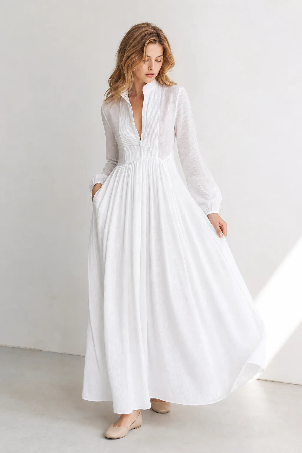 White Women's Collared A-Line Maxi Dress with Pintuck Bodice & Relaxed Fit — Mira - Twirl Motion