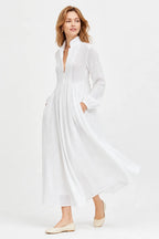 White Women's Collared A-Line Maxi Dress with Pintuck Bodice & Relaxed Fit — Mira - Walking Side