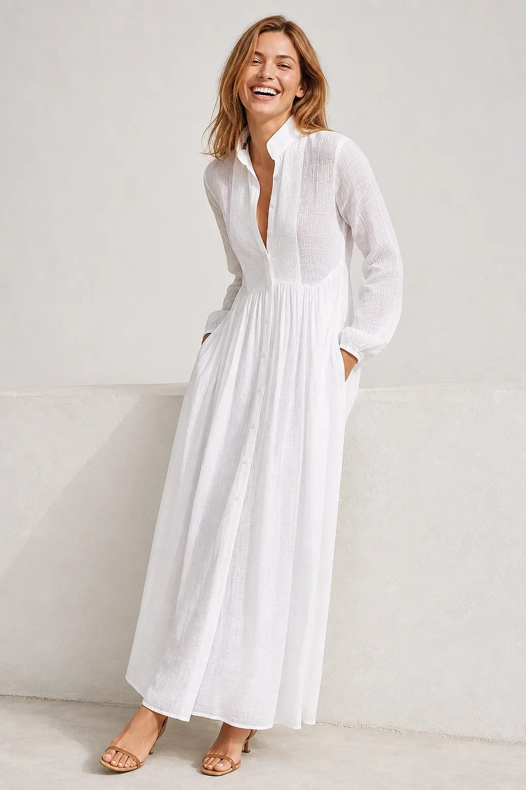 White Women's Collared A-Line Maxi Dress with Pintuck Bodice & Relaxed Fit — Mira