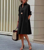 Black Women's Collared Shirt Dress — Penelope Knee-Length Roll-Up Sleeve - Front Street