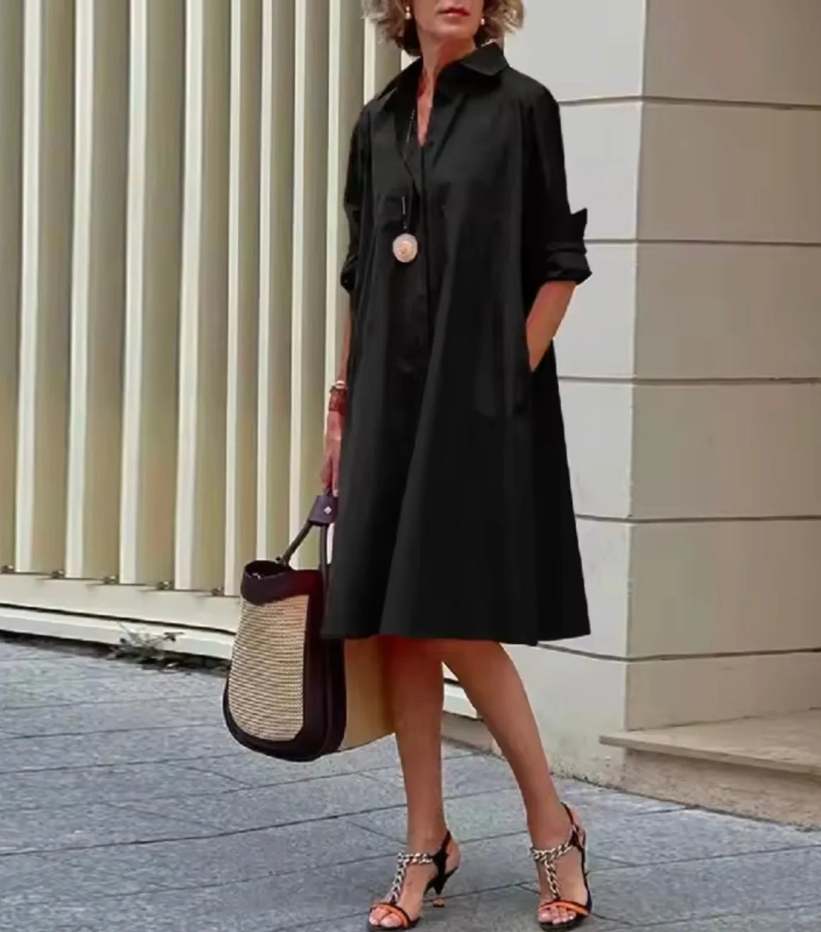 Black Women's Collared Shirt Dress — Penelope Knee-Length Roll-Up Sleeve - Front Street