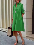 Green Women's Collared Shirt Dress — Penelope Knee-Length Roll-Up Sleeve - Front Full