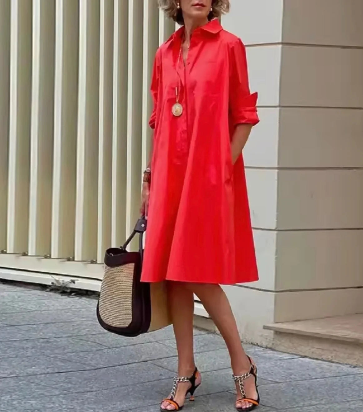 Red Women's Collared Shirt Dress — Penelope Knee-Length Roll-Up Sleeve - Worn Lifestyle