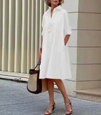 White Women's Collared Shirt Dress — Penelope Knee-Length Roll-Up Sleeve - Side Pose
