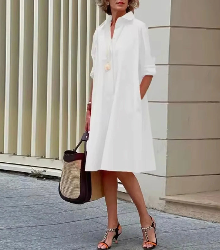 White Women's Collared Shirt Dress — Penelope Knee-Length Roll-Up Sleeve - Side Pose