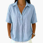 Light Blue Women's Collared Button Blouse with Relaxed Short-Sleeve Fit - Front Detail