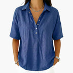 Blue Women's Collared Button Blouse with Relaxed Short-Sleeve Fit