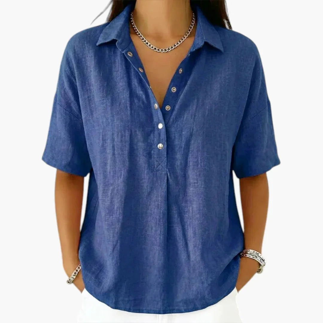 Blue Women's Collared Button Blouse with Relaxed Short-Sleeve Fit