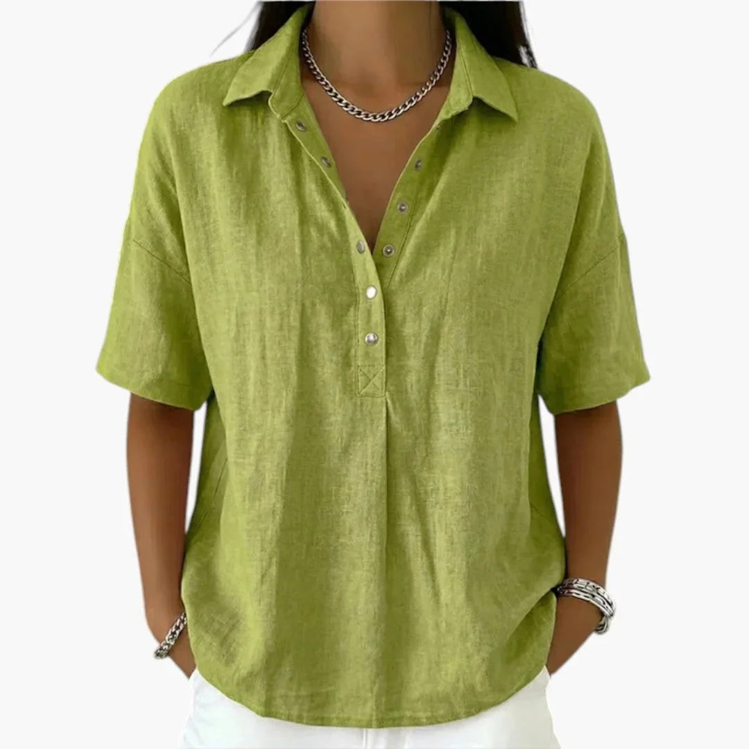 Green Women's Collared Button Blouse with Relaxed Short-Sleeve Fit