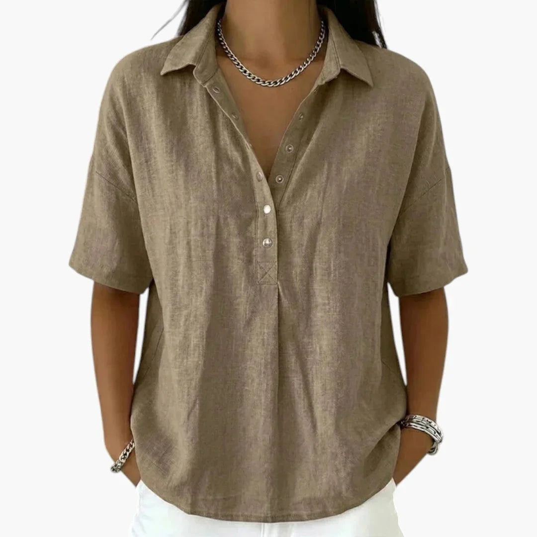 Khaki Women's Collared Button Blouse with Relaxed Short-Sleeve Fit