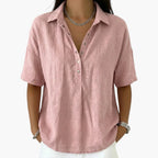 Pink Women's Collared Button Blouse with Relaxed Short-Sleeve Fit