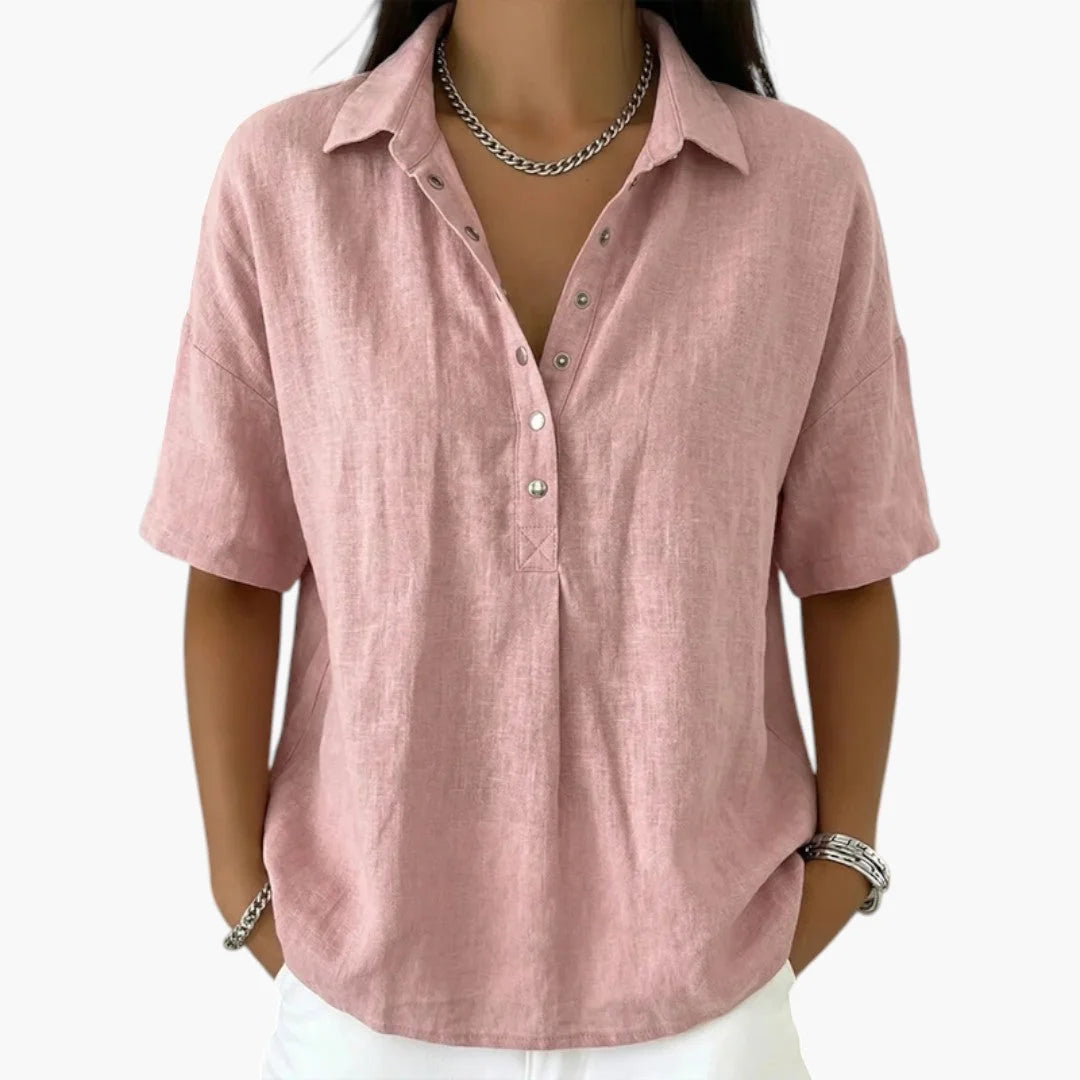 Pink Women's Collared Button Blouse with Relaxed Short-Sleeve Fit