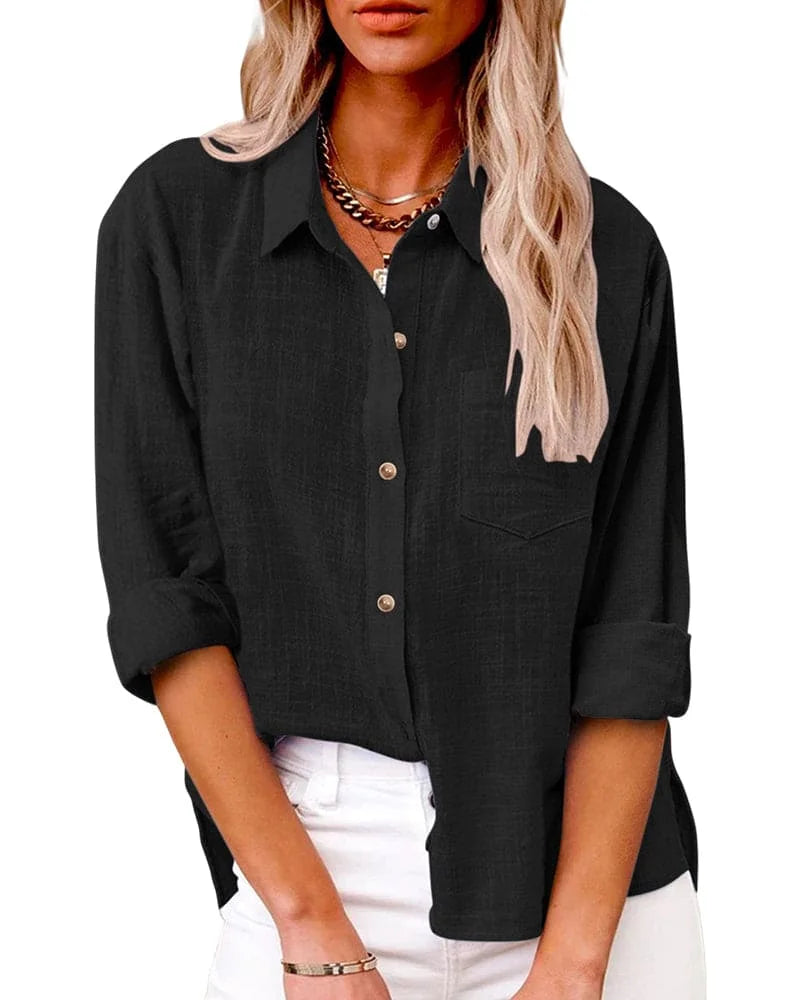 Black Women's Long Sleeve Button Up Shirts — Poppy Relaxed Button-Front Pocket - Side Pose